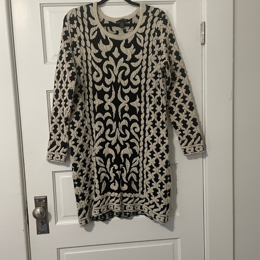 INC Black and Cream Patterned Sweater Dress